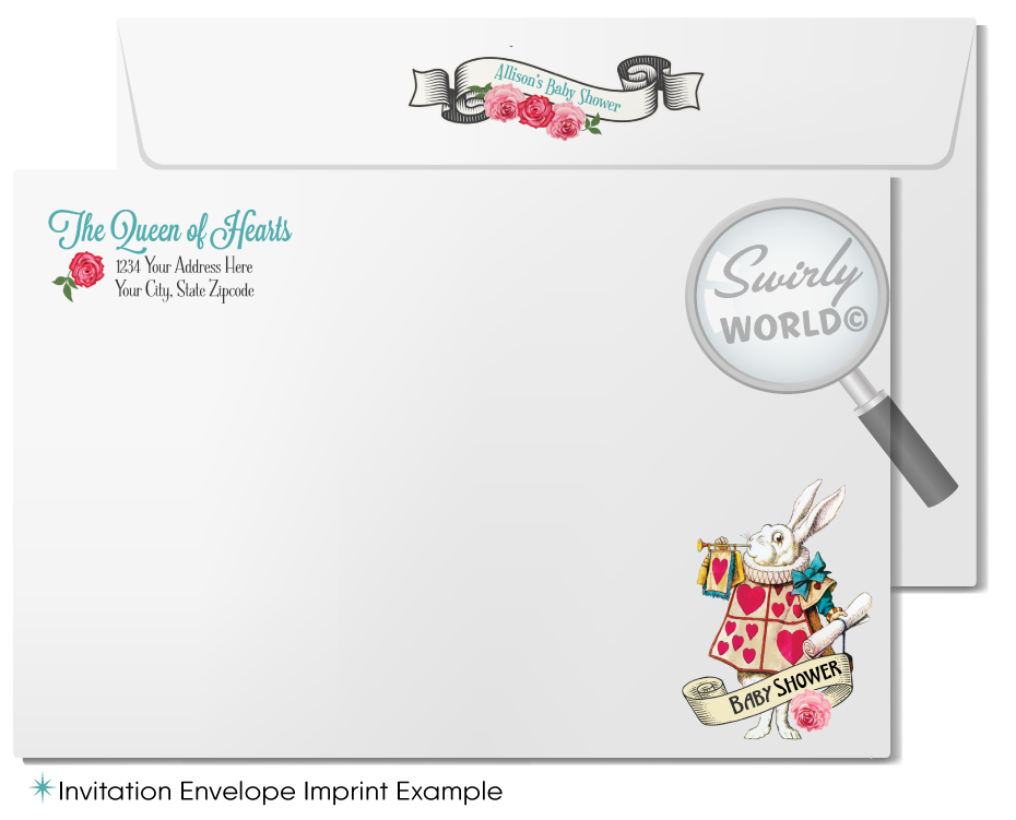 Host a whimsical baby shower with Swirly World's Alice in Wonderland Mad Hatter's Tea Party Invitation Set. Featuring vintage Victorian style, rosie pink and teal blue colors, and classic fairytale illustrations. Editable on Corjl for a personalized touch. Includes invites, thank you cards, and envelopes.