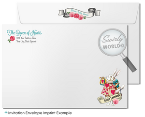 Host a whimsical baby shower with Swirly World's Alice in Wonderland Mad Hatter's Tea Party Invitation Set. Featuring vintage Victorian style, rosie pink and teal blue colors, and classic fairytale illustrations. Editable on Corjl for a personalized touch. Includes invites, thank you cards, and envelopes.