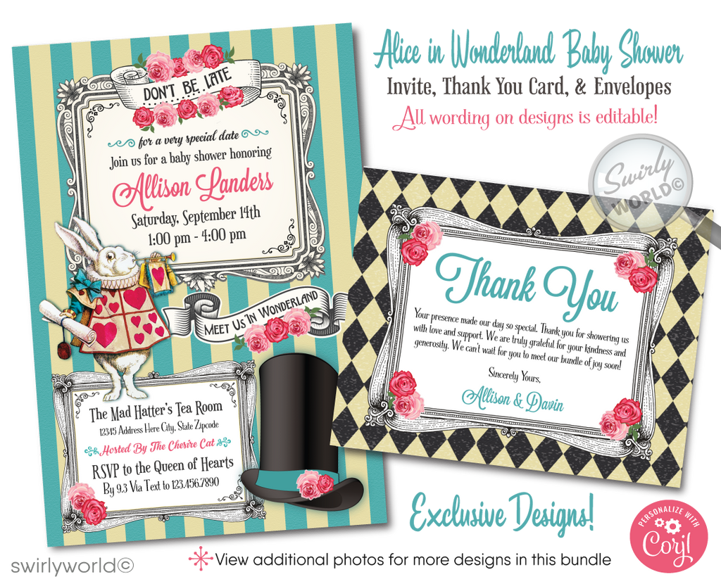 Host a whimsical baby shower with Swirly World's Alice in Wonderland Mad Hatter's Tea Party Invitation Set. Featuring vintage Victorian style, rosie pink and teal blue colors, and classic fairytale illustrations. Editable on Corjl for a personalized touch. Includes invites, thank you cards, and envelopes.