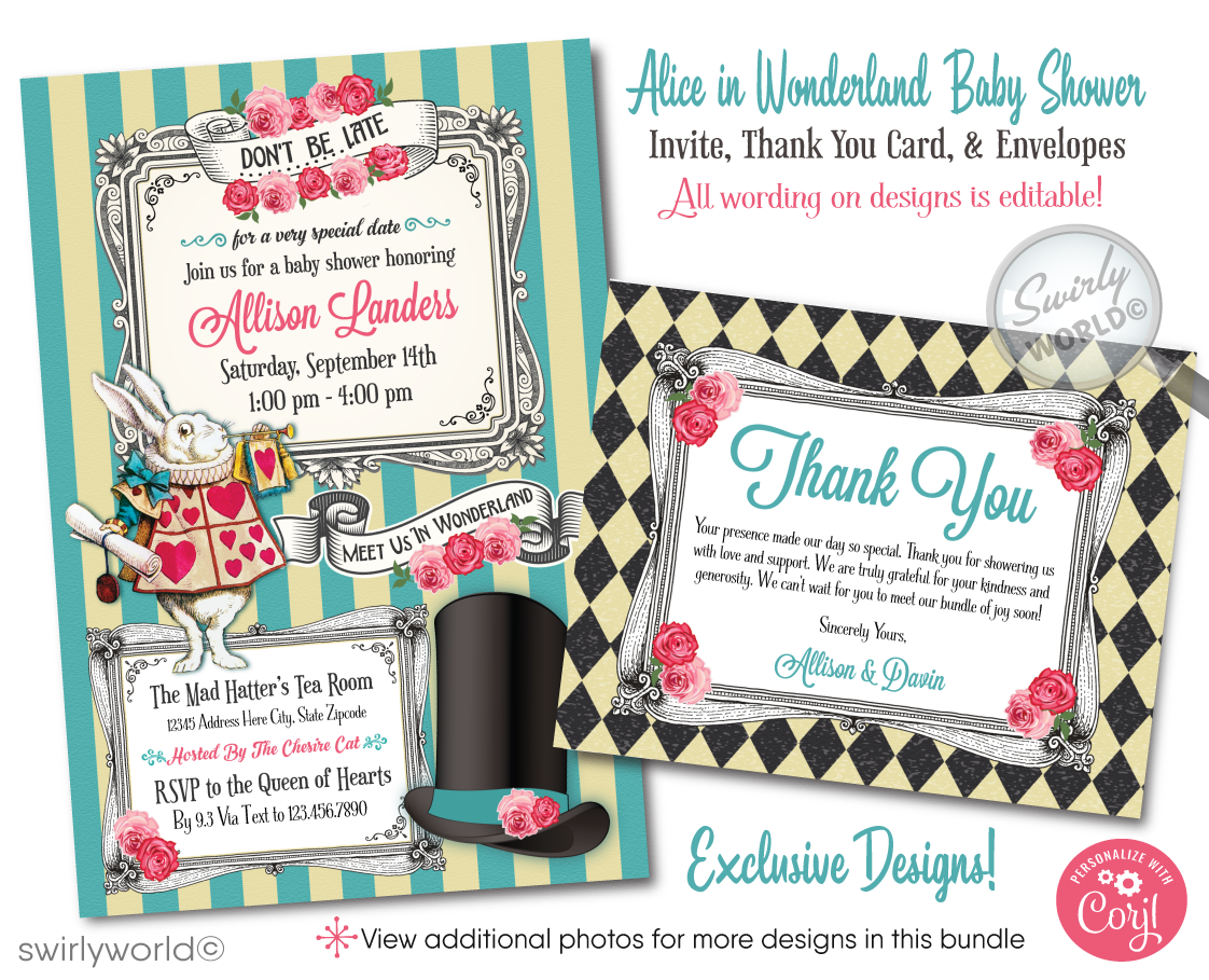 Host a whimsical baby shower with Swirly World's Alice in Wonderland Mad Hatter's Tea Party Invitation Set. Featuring vintage Victorian style, rosie pink and teal blue colors, and classic fairytale illustrations. Editable on Corjl for a personalized touch. Includes invites, thank you cards, and envelopes.