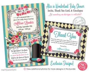 Host a whimsical baby shower with Swirly World's Alice in Wonderland Mad Hatter's Tea Party Invitation Set. Featuring vintage Victorian style, rosie pink and teal blue colors, and classic fairytale illustrations. Editable on Corjl for a personalized touch. Includes invites, thank you cards, and envelopes.