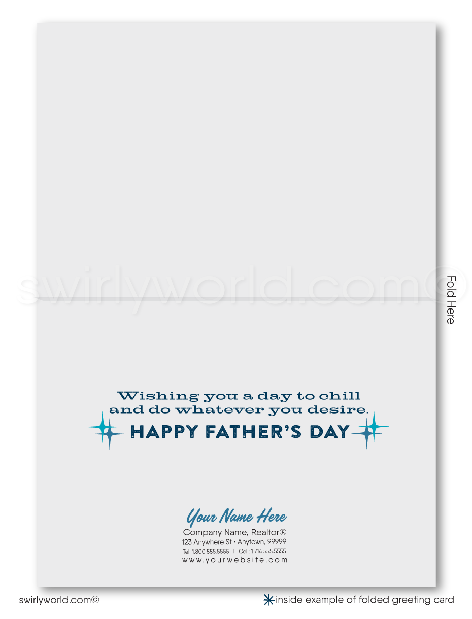 Surprise Dad with Swirly World's Vintage Style Mid-Century Modern Father's Day Card. Available in blue hues, perfect for companies or friends. Choose from folded or flatcard options with customizable envelopes. Crafted on premium card stock, personalize easily to make a lasting impression this Father’s Day.