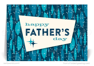 Surprise Dad with Swirly World's Vintage Style Mid-Century Modern Father's Day Card. Available in blue hues, perfect for companies or friends. Choose from folded or flatcard options with customizable envelopes. Crafted on premium card stock, personalize easily to make a lasting impression this Father’s Day.