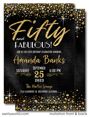 Celebrating a 50th birthday party is such a momentous occasion. Set your party off in style with this gorgeous and glamorous gold glitter and black, 50 & Fabulous birthday invitation. If you love elegance and class, then this is the perfect 50th birthday invite for your upcoming Fifty and Fabulous birthday celebration!