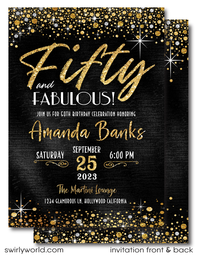 Celebrating a 50th birthday party is such a momentous occasion. Set your party off in style with this gorgeous and glamorous gold and black, 50 & Fabulous birthday invitation and thank you card digital bundle. If you love retro design, then this is the perfect 50th birthday invite for your upcoming Fifty and Fabulous birthday celebration!