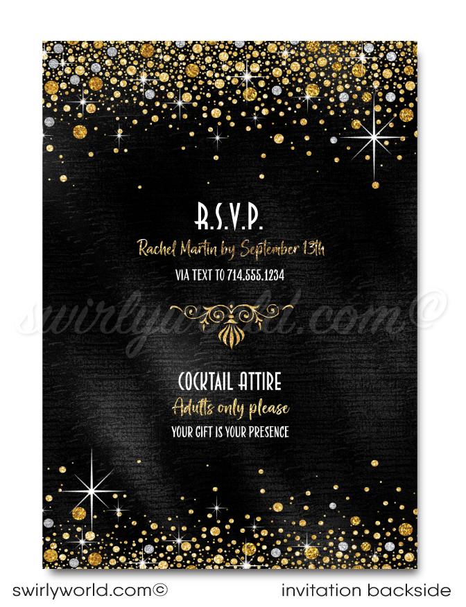 Celebrating a 50th birthday party is such a momentous occasion. Set your party off in style with this gorgeous and glamorous gold glitter and black, 50 & Fabulous birthday invitation. If you love elegance and class, then this is the perfect 50th birthday invite for your upcoming Fifty and Fabulous birthday celebration!