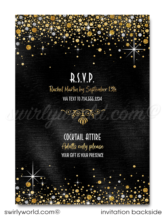 Celebrating a 50th birthday party is such a momentous occasion. Set your party off in style with this gorgeous and glamorous gold glitter and black, 50 & Fabulous birthday invitation. If you love elegance and class, then this is the perfect 50th birthday invite for your upcoming Fifty and Fabulous birthday celebration!
