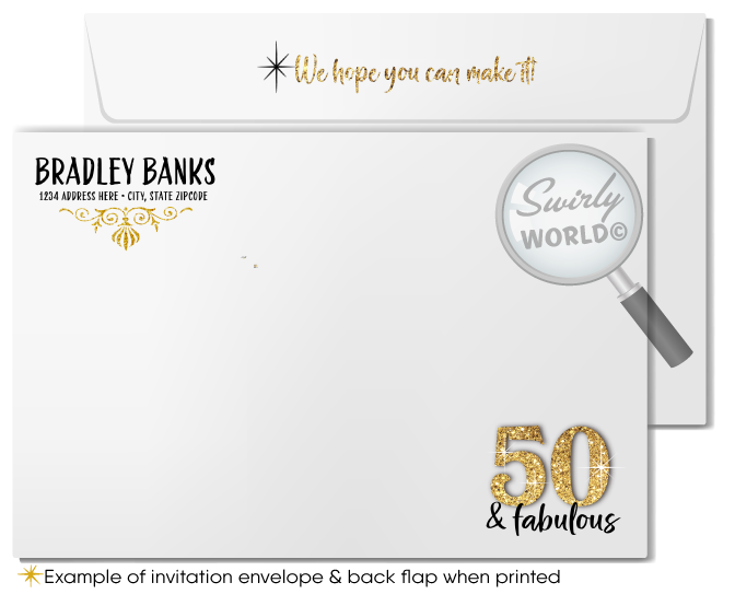 50 and Fabulous Glamorous Gold Glitter and Black 50th Birthday Printed Invitations