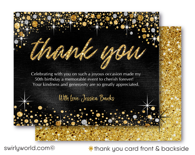 Celebrating a 50th birthday party is such a momentous occasion. Set your party off in style with this gorgeous and glamorous gold glitter and black, 50 & Fabulous birthday invitation. If you love elegance and class, then this is the perfect 50th birthday invite for your upcoming Fifty and Fabulous birthday celebration!