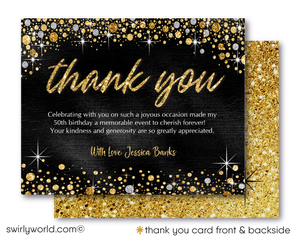 Celebrating a 50th birthday party is such a momentous occasion. Set your party off in style with this gorgeous and glamorous gold glitter and black, 50 & Fabulous birthday invitation. If you love elegance and class, then this is the perfect 50th birthday invite for your upcoming Fifty and Fabulous birthday celebration!