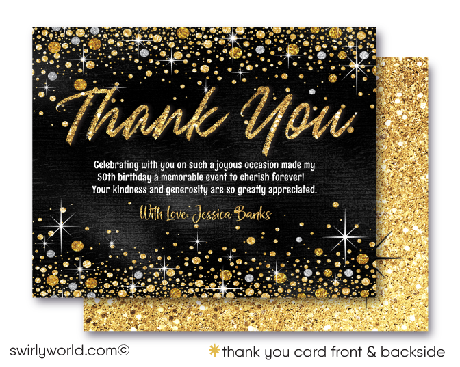 Celebrating a 50th birthday party is such a momentous occasion. Set your party off in style with this gorgeous and glamorous gold and black, 50 & Fabulous birthday invitation and thank you card digital bundle. If you love retro design, then this is the perfect 50th birthday invite for your upcoming Fifty and Fabulous birthday celebration!