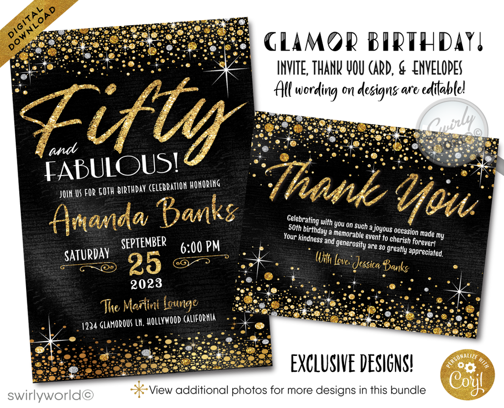 Mark the milestone of a 50th birthday with elegance and splendor using our exquisite black and gold-themed "50 and Fabulous" birthday invitation and thank you card digital bundle. This collection is the epitome of glamour, designed to kick off the celebrations of a half-century in unmatched style.