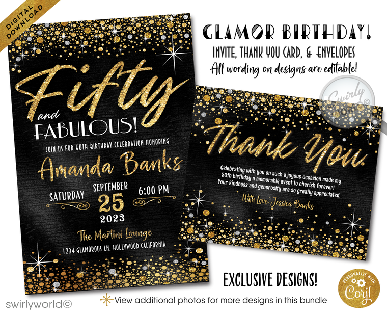 Celebrating a 50th birthday party is such a momentous occasion. Set your party off in style with this gorgeous and glamorous gold and black, 50 & Fabulous birthday invitation and thank you card digital bundle. If you love retro design, then this is the perfect 50th birthday invite for your upcoming Fifty and Fabulous birthday celebration!