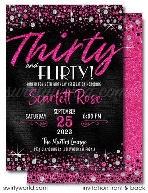 Pink & Silver Glitter "Flirty Thirty" Glamorous 30th Birthday Digital Invite for Women