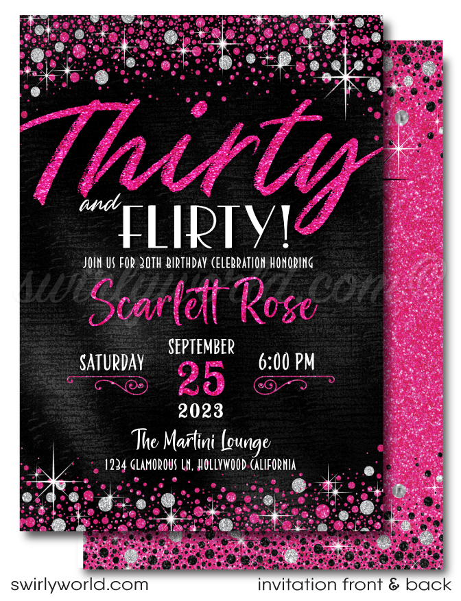 Pink & Silver Glitter "Flirty Thirty" Glamorous 30th Birthday Digital Invite for Women