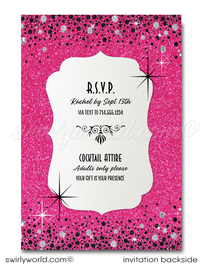 Retro Pink and Silver Glitter "Thirty Flirty" 30th Birthday Party Printed Invitations