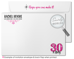 Retro Pink and Silver Glitter "Thirty Flirty" 30th Birthday Party Printed Invitations