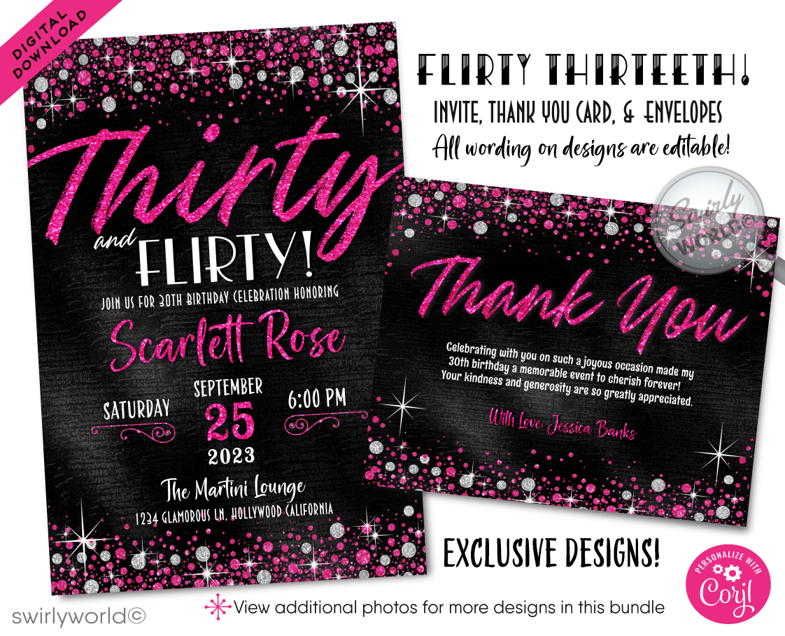 Step into a world of sparkle and style as you celebrate a dazzling 30th birthday with our Pink &amp; Black Glitter "Flirty Thirty" Glamorous 30th Birthday Digital Invite. This beautiful digital design bundle, featuring a striking combination of hot pink glitter and elegant black, is the ultimate statement of glamour for your momentous "Flirty Thirty" celebration.