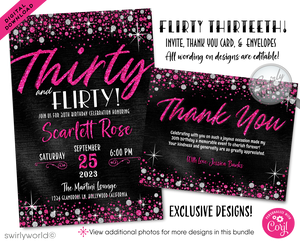 Step into a world of sparkle and style as you celebrate a dazzling 30th birthday with our Pink &amp; Black Glitter "Flirty Thirty" Glamorous 30th Birthday Digital Invite. This beautiful digital design bundle, featuring a striking combination of hot pink glitter and elegant black, is the ultimate statement of glamour for your momentous "Flirty Thirty" celebration.