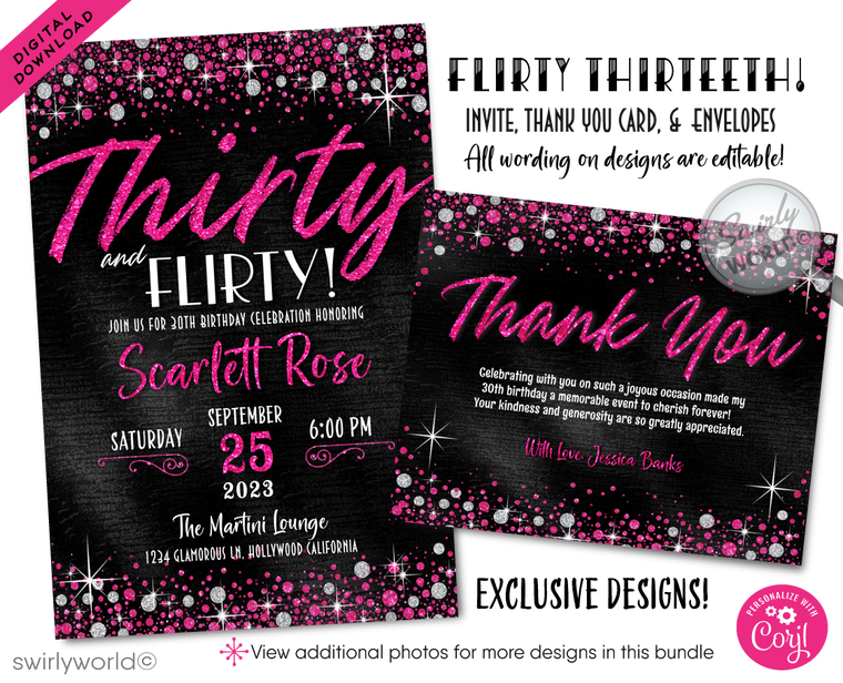 Pink & Silver Glitter "Flirty Thirty" Glamorous 30th Birthday Digital Invite for Women