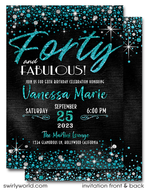 Celebrating a 40th birthday party is such a momentous occasion. Set your party off in style with this gorgeous and glamorous turquoise glitter and black, 40 & Fabulous birthday invitation. If you love elegance and class, then this is the perfect 40th birthday invite for your upcoming Forty and Fabulous birthday celebration!