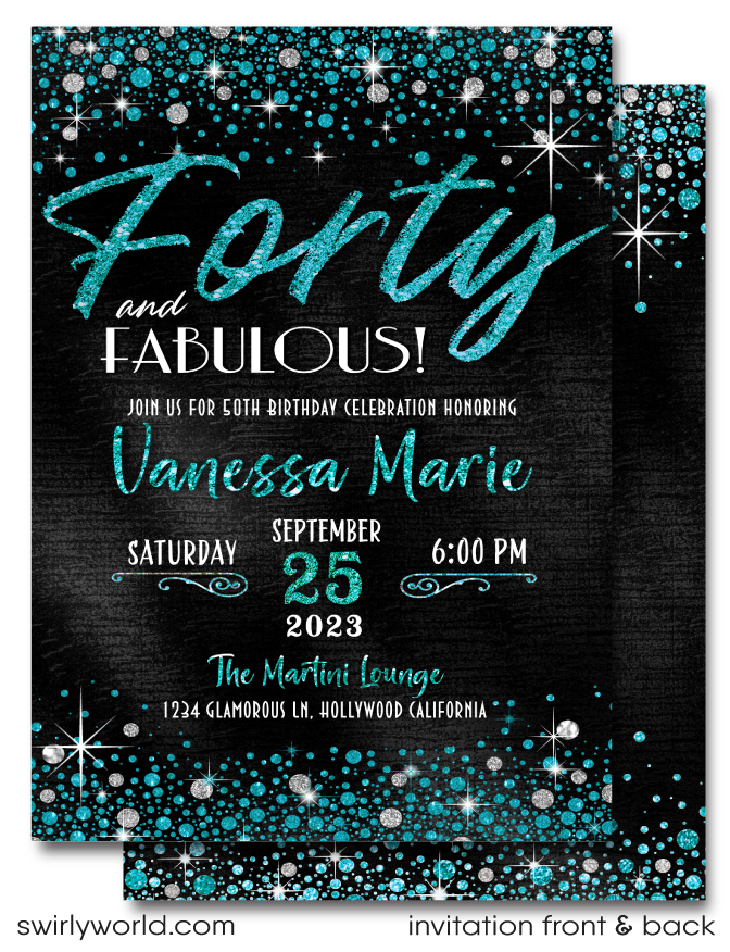 Celebrating a 40th birthday party is such a momentous occasion. Set your party off in style with this gorgeous and glamorous turquoise glitter and black, 40 & Fabulous birthday invitation. If you love elegance and class, then this is the perfect 40th birthday invite for your upcoming Forty and Fabulous birthday celebration!