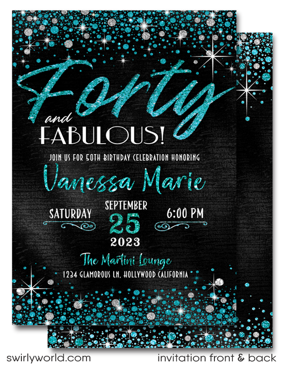 Celebrating a 40th birthday party is such a momentous occasion. Set your party off in style with this gorgeous and glamorous turquoise glitter and black, 40 & Fabulous birthday invitation. If you love elegance and class, then this is the perfect 40th birthday invite for your upcoming Forty and Fabulous birthday celebration!