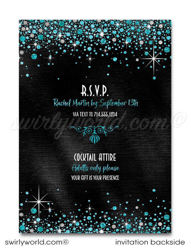 Celebrating a 40th birthday party is such a momentous occasion. Set your party off in style with this gorgeous and glamorous turquoise glitter and black, 40 & Fabulous birthday invitation. If you love elegance and class, then this is the perfect 40th birthday invite for your upcoming Forty and Fabulous birthday celebration!