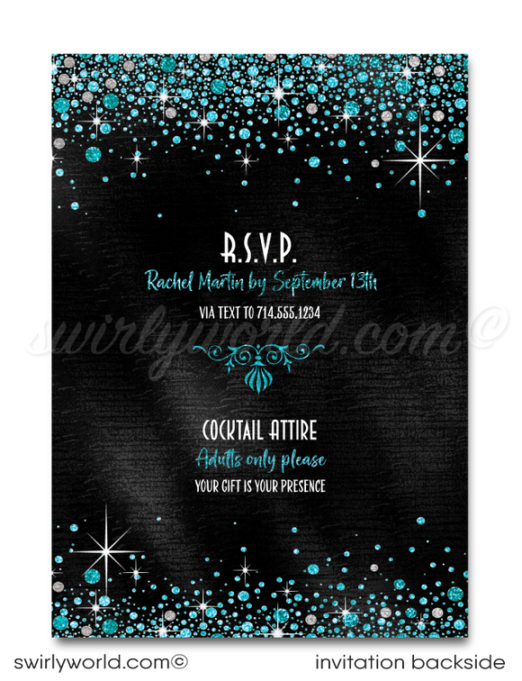 Celebrating a 40th birthday party is such a momentous occasion. Set your party off in style with this gorgeous and glamorous turquoise glitter and black, 40 & Fabulous birthday invitation. If you love elegance and class, then this is the perfect 40th birthday invite for your upcoming Forty and Fabulous birthday celebration!