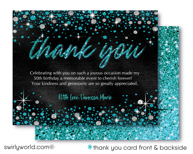 Celebrating a 40th birthday party is such a momentous occasion. Set your party off in style with this gorgeous and glamorous turquoise glitter and black, 40 & Fabulous birthday invitation. If you love elegance and class, then this is the perfect 40th birthday invite for your upcoming Forty and Fabulous birthday celebration!