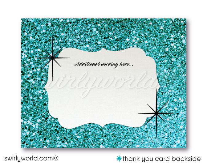 Celebrating a 40th birthday party is such a momentous occasion. Set your party off in style with this gorgeous and glamorous turquoise glitter and black, 40 & Fabulous birthday invitation. If you love elegance and class, then this is the perfect 40th birthday invite for your upcoming Forty and Fabulous birthday celebration!