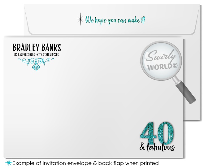 Turquoise Blue and Silver Glitter Forty 40 and Fabulous Printed Birthday Invitations