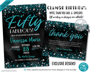 This invitation is the ideal choice for your "Forty and Fabulous" birthday party.  The invitation is a testament to style and sophistication, with its eye-catching turquoise glitter setting a vibrant and festive tone for the event. Paired with sleek black accents, it offers a modern twist on classic elegance, ensuring your 40th birthday stands out as a testament to your unique taste and grace.