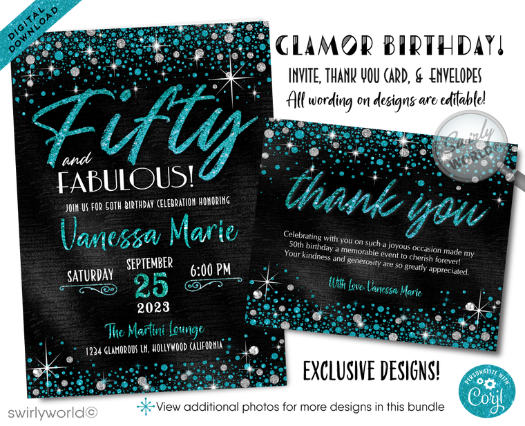 Celebrating a 40th birthday party is such a momentous occasion. Set your party off in style with this gorgeous and glamorous turquoise glitter and black, 40 & Fabulous birthday invitation. If you love elegance and class, then this is the perfect 40th birthday invite for your upcoming Forty and Fabulous birthday celebration!