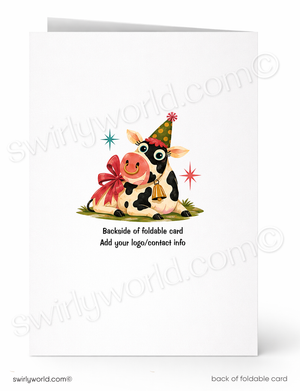 A white foldable greeting card shown front and back. The front features a cute cartoon cow wearing a party hat and holding a pink gift box, with small decorative star accents and placeholder text below.
