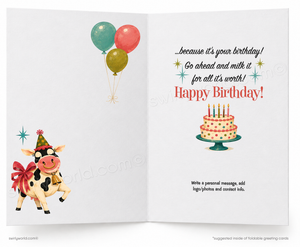 An open greeting card template with a white interior layout. The left page shows a cartoon cow wearing a party hat and bow tie, with teal, pink, and gold balloons.