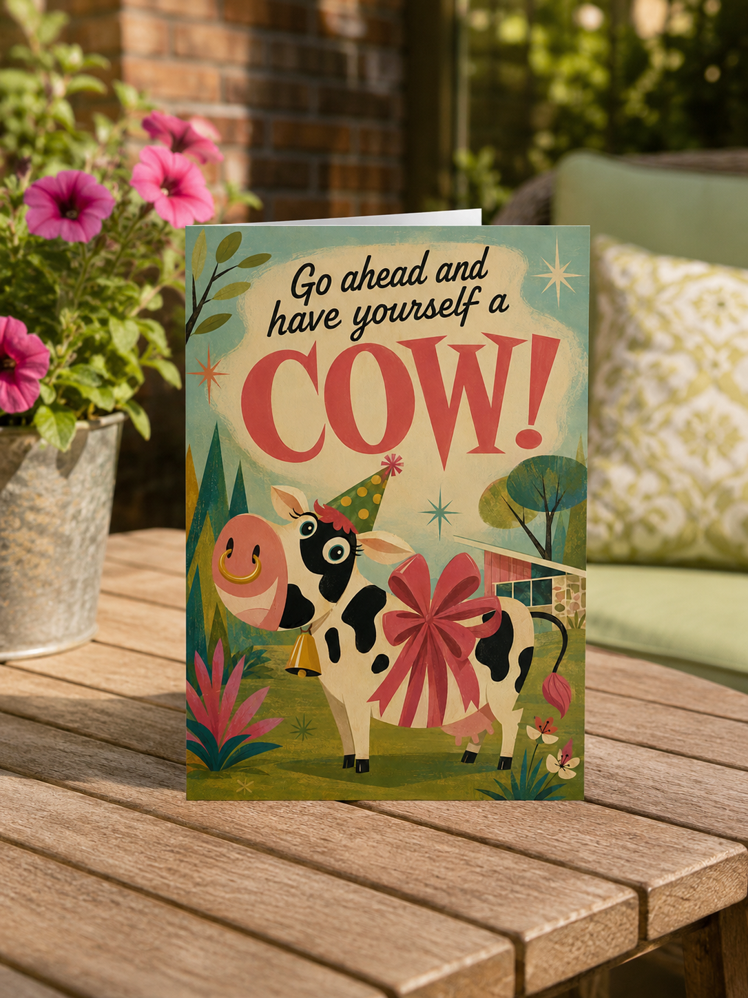 A folded greeting card shown front-on with a colorful retro illustration of a cow wearing a party hat and large red bow, with the text 'Go ahead and have yourself a COW!'.