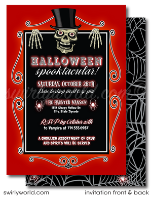 Elevate your Halloween soirée with our bone-chilling printed invitations! Featuring a spine-tingling skeleton and mysterious spider webs, these invitations are printed on premium card stock with custom envelopes. Perfect for a refined or spooky gathering, they’re sure to enchant your guests from the moment they arrive.