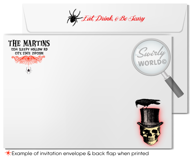 Elevate your Halloween soirée with our bone-chilling printed invitations! Featuring a spine-tingling skeleton and mysterious spider webs, these invitations are printed on premium card stock with custom envelopes. Perfect for a refined or spooky gathering, they’re sure to enchant your guests from the moment they arrive.