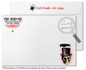 Elevate your Halloween soirée with our bone-chilling printed invitations! Featuring a spine-tingling skeleton and mysterious spider webs, these invitations are printed on premium card stock with custom envelopes. Perfect for a refined or spooky gathering, they’re sure to enchant your guests from the moment they arrive.