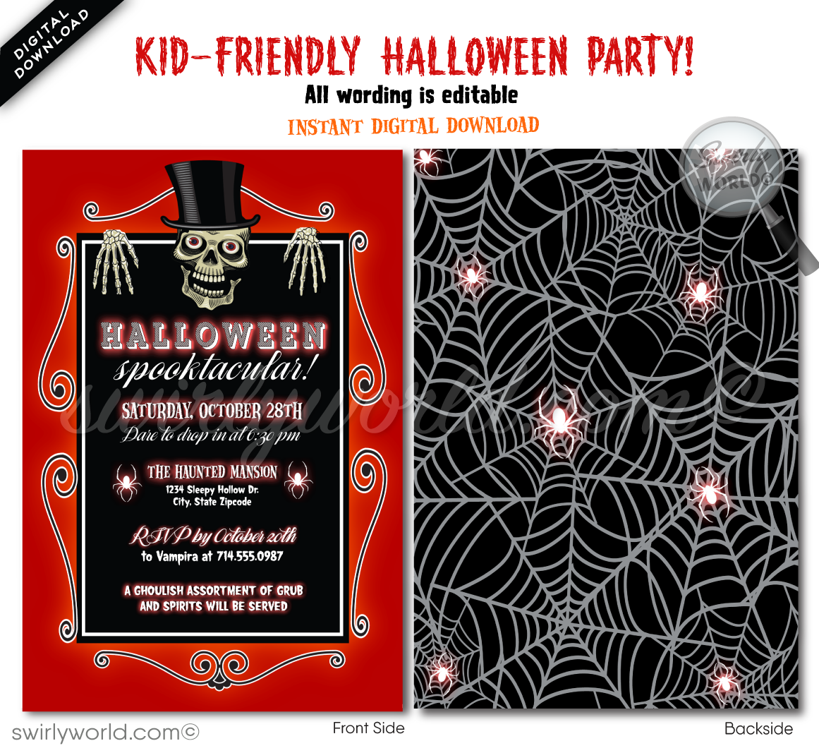Set the tone for an eerie Halloween soirée with our bone-chilling party invitation! Featuring a spine-tingling skeleton and mysterious spider webs, this customizable design is perfect for a refined or spooky gathering. Instantly edit and share via post, text, email, print, or Evite for an unforgettable event.