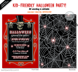 Set the tone for an eerie Halloween soirée with our bone-chilling party invitation! Featuring a spine-tingling skeleton and mysterious spider webs, this customizable design is perfect for a refined or spooky gathering. Instantly edit and share via post, text, email, print, or Evite for an unforgettable event.