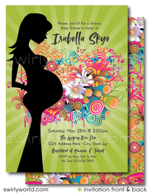 This "Groovy Psychedelic Hippie Chic" Bohemian Baby Shower Invitation and Thank You Card Bundle.Featuring the silhouette of a pregnant woman set against a kaleidoscope of psychedelic colors, this design bursts with life and joy. The background is a lively concoction of daisies, butterflies, swirls, and abstract shapes, all vividly colored and beautifully juxtaposed against a serene green backdrop.