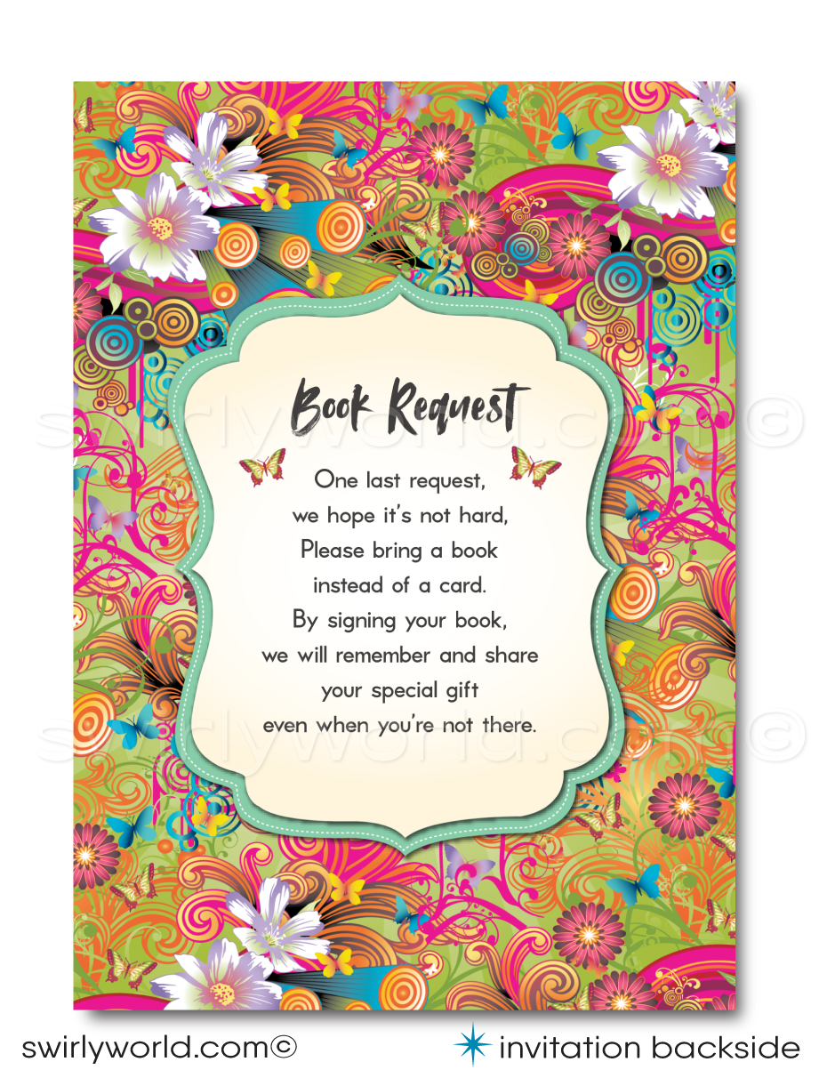 This "Groovy Psychedelic Hippie Chic" Bohemian Baby Shower Invitation and Thank You Card Bundle.Featuring the silhouette of a pregnant woman set against a kaleidoscope of psychedelic colors, this design bursts with life and joy. The background is a lively concoction of daisies, butterflies, swirls, and abstract shapes, all vividly colored and beautifully juxtaposed against a serene green backdrop.