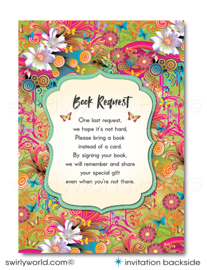 This "Groovy Psychedelic Hippie Chic" Bohemian Baby Shower Invitation and Thank You Card Bundle.Featuring the silhouette of a pregnant woman set against a kaleidoscope of psychedelic colors, this design bursts with life and joy. The background is a lively concoction of daisies, butterflies, swirls, and abstract shapes, all vividly colored and beautifully juxtaposed against a serene green backdrop.