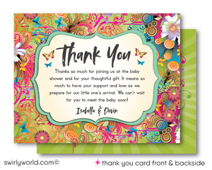 This "Groovy Psychedelic Hippie Chic" Bohemian Baby Shower Invitation and Thank You Card Bundle.Featuring the silhouette of a pregnant woman set against a kaleidoscope of psychedelic colors, this design bursts with life and joy. The background is a lively concoction of daisies, butterflies, swirls, and abstract shapes, all vividly colored and beautifully juxtaposed against a serene green backdrop.