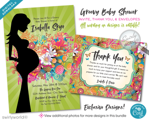 This "Groovy Psychedelic Hippie Chic" Bohemian Baby Shower Invitation and Thank You Card Bundle.Featuring the silhouette of a pregnant woman set against a kaleidoscope of psychedelic colors, this design bursts with life and joy. The background is a lively concoction of daisies, butterflies, swirls, and abstract shapes, all vividly colored and beautifully juxtaposed against a serene green backdrop.