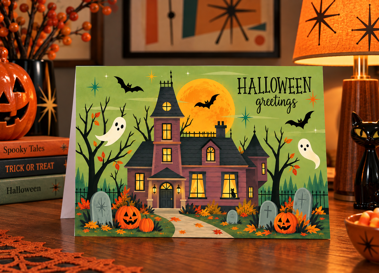 Realtor-Themed Halloween Greeting Card - Haunted House, Pumpkins & Ghosts Design