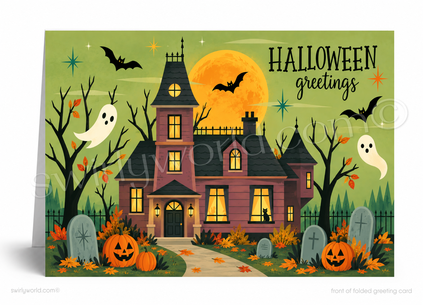 Realtor-Themed Halloween Greeting Card - Haunted House, Pumpkins & Ghosts Design