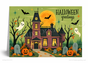 Realtor-Themed Halloween Greeting Card - Haunted House, Pumpkins & Ghosts Design